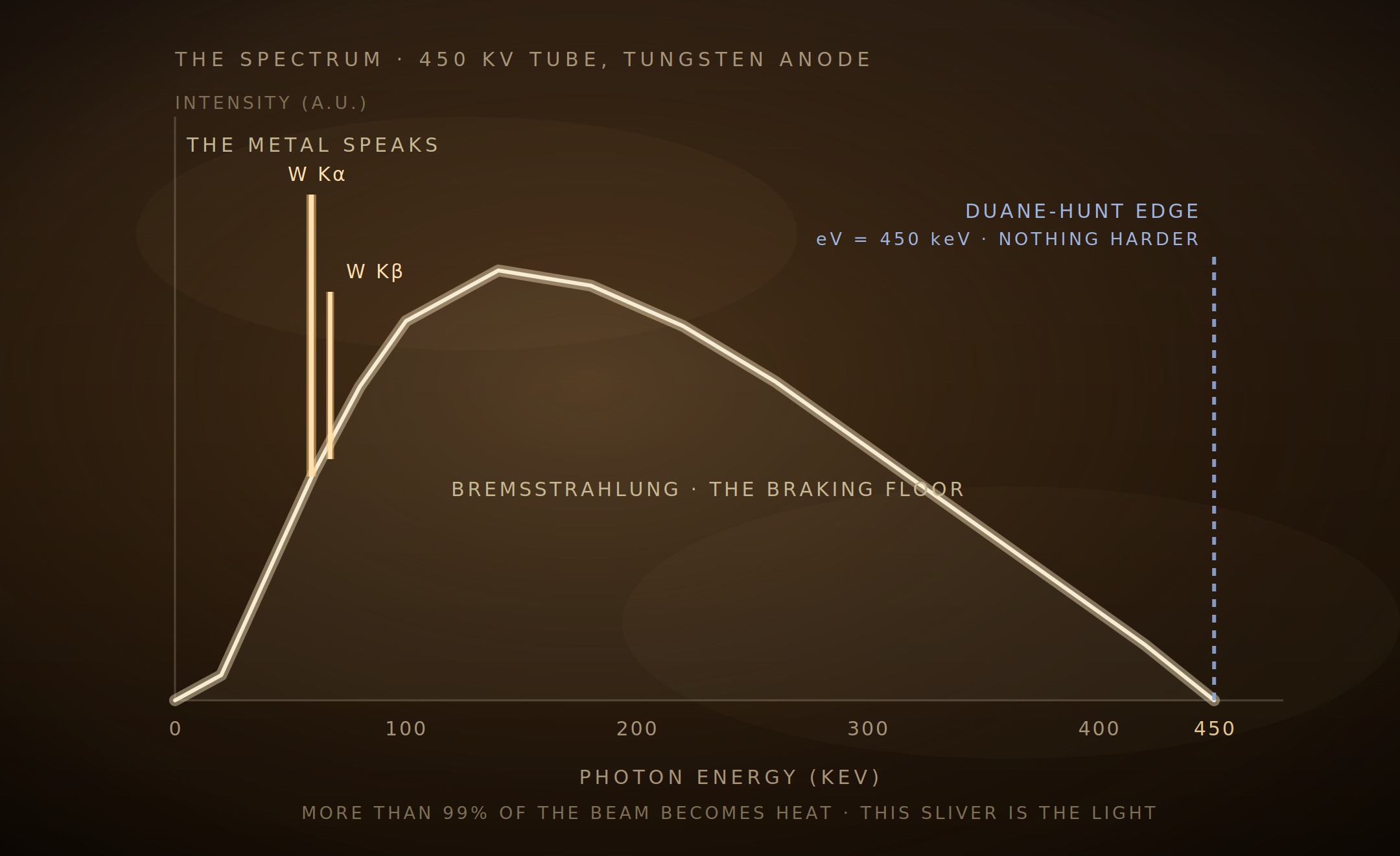What a 450 kV tube emits: the braking floor, the metal's lines, and a ceiling set by the voltage alone.