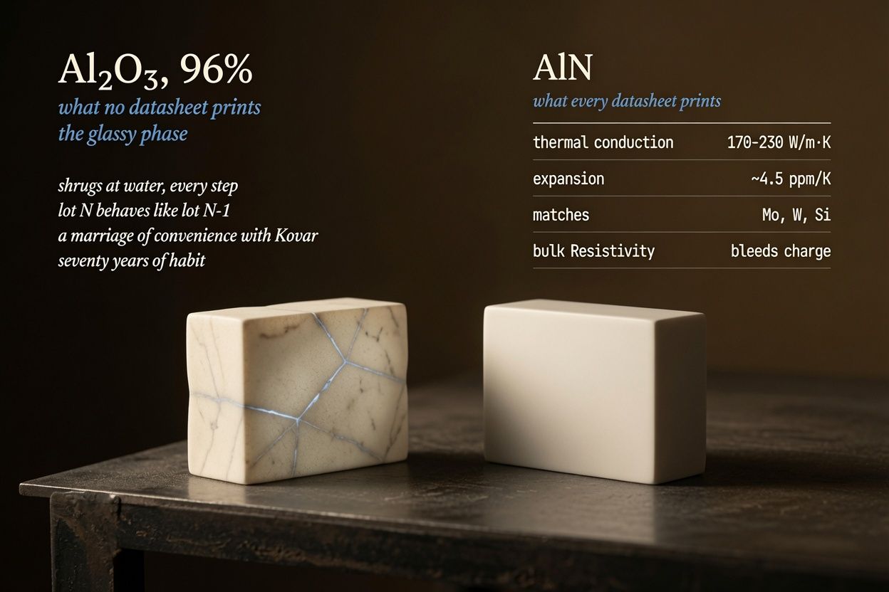 Left: what alumina brings that no datasheet prints. Right: what every datasheet prints about AlN.