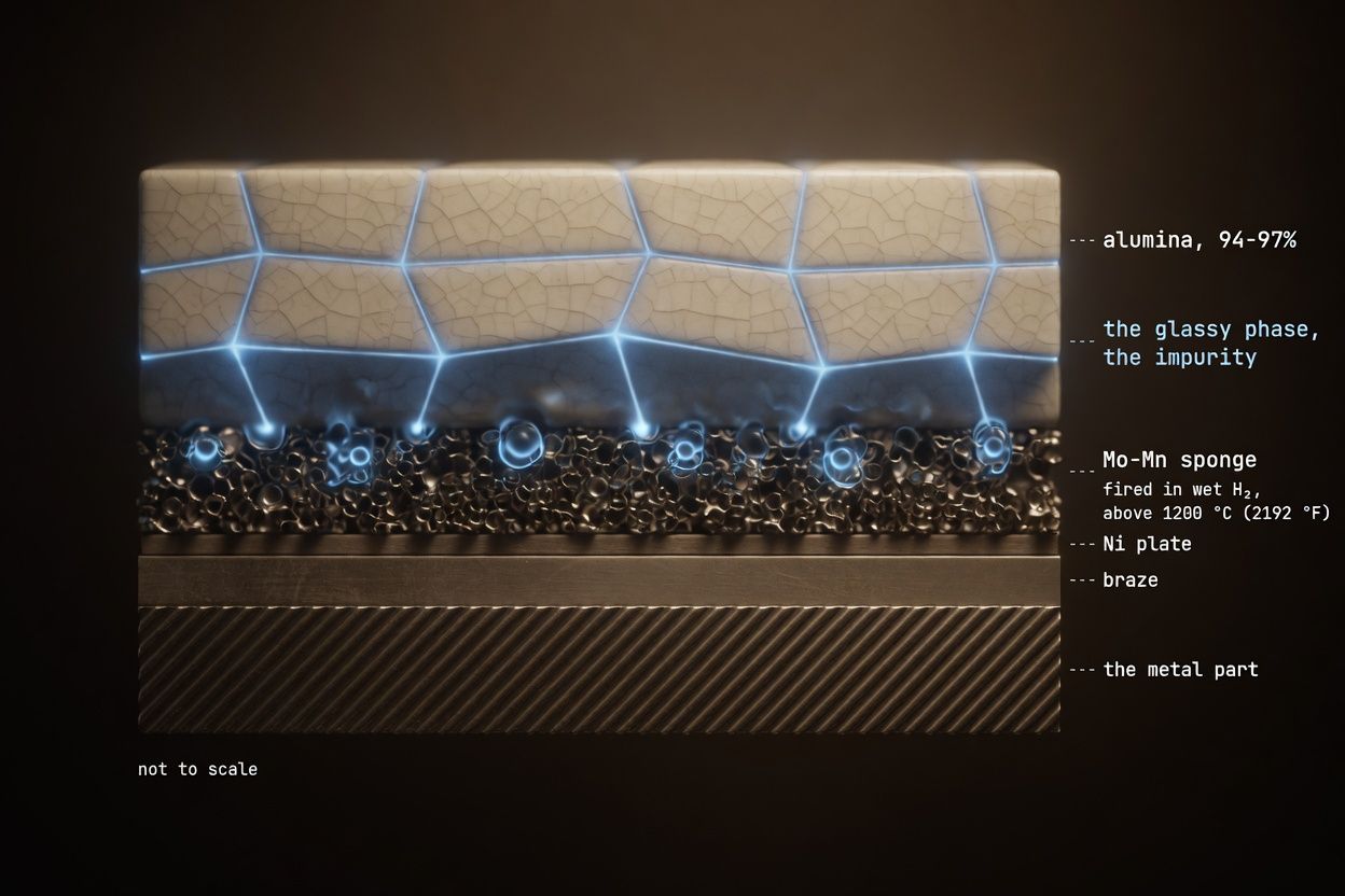 The secret organ: the glassy phase between the grains, climbing into the molybdenum sponge. The impurity is the adhesive.