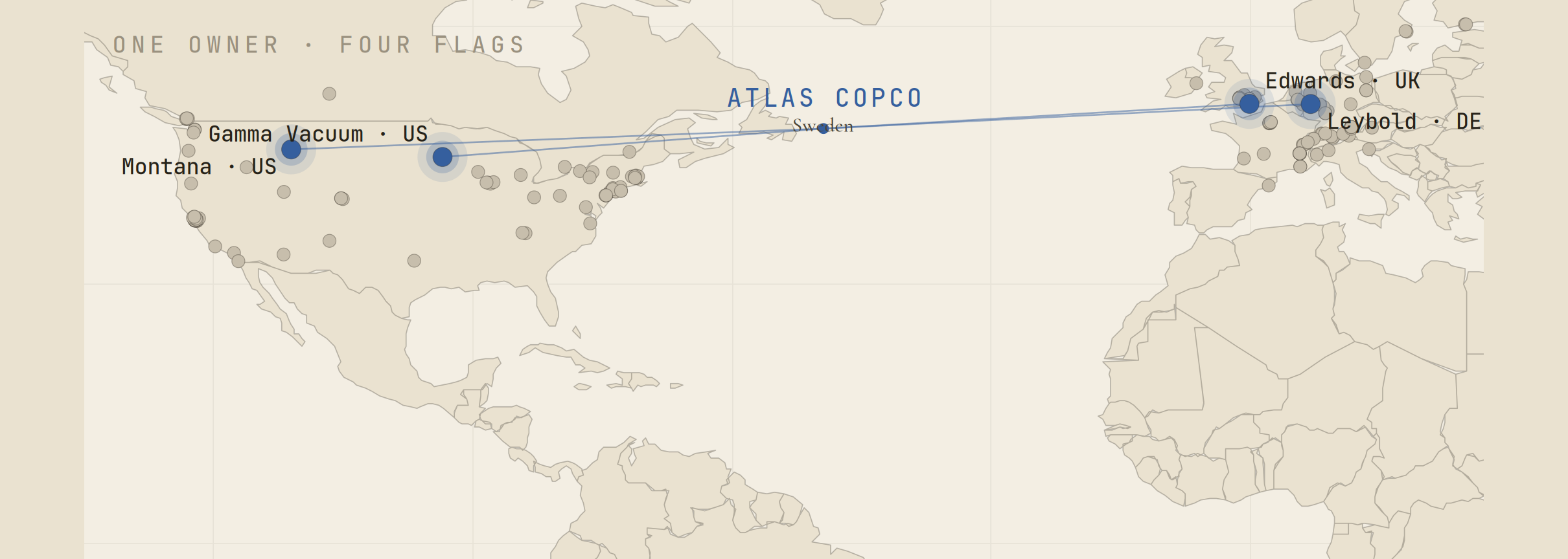 The same map colored by owner, where four pins scattered across three countries light up in a single color, the reach of one holding group made visible.