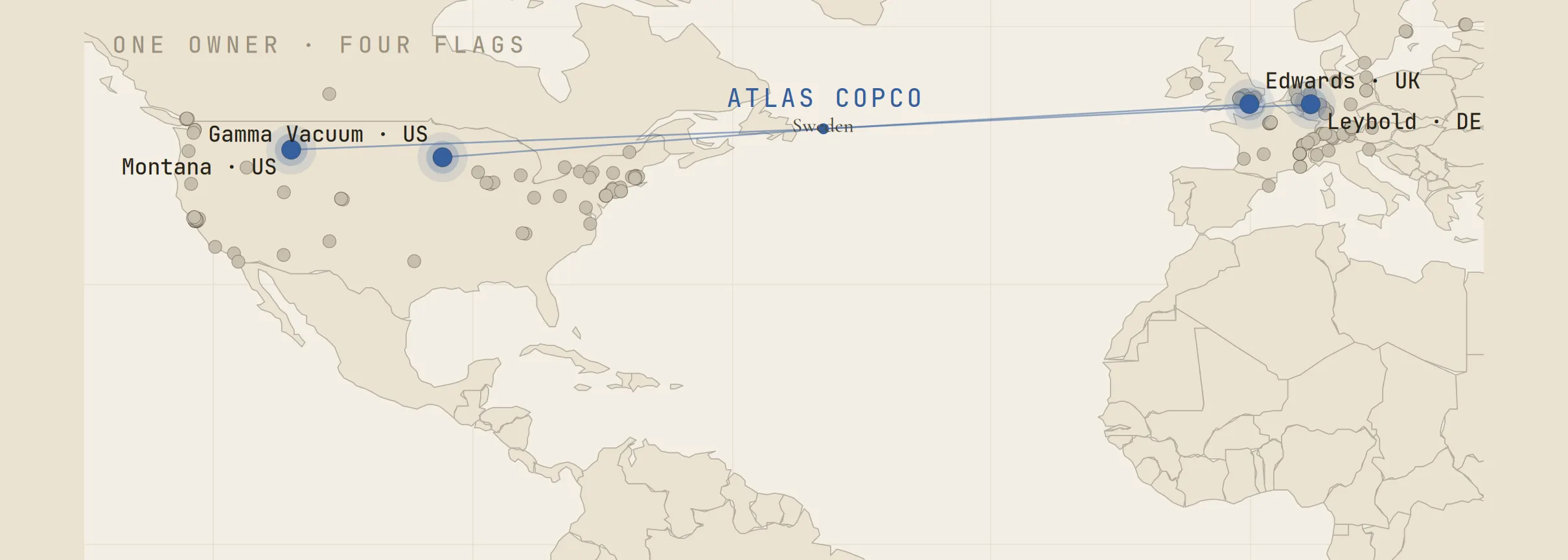 The same map colored by owner, where four pins scattered across three countries light up in a single color, the reach of one holding group made visible.