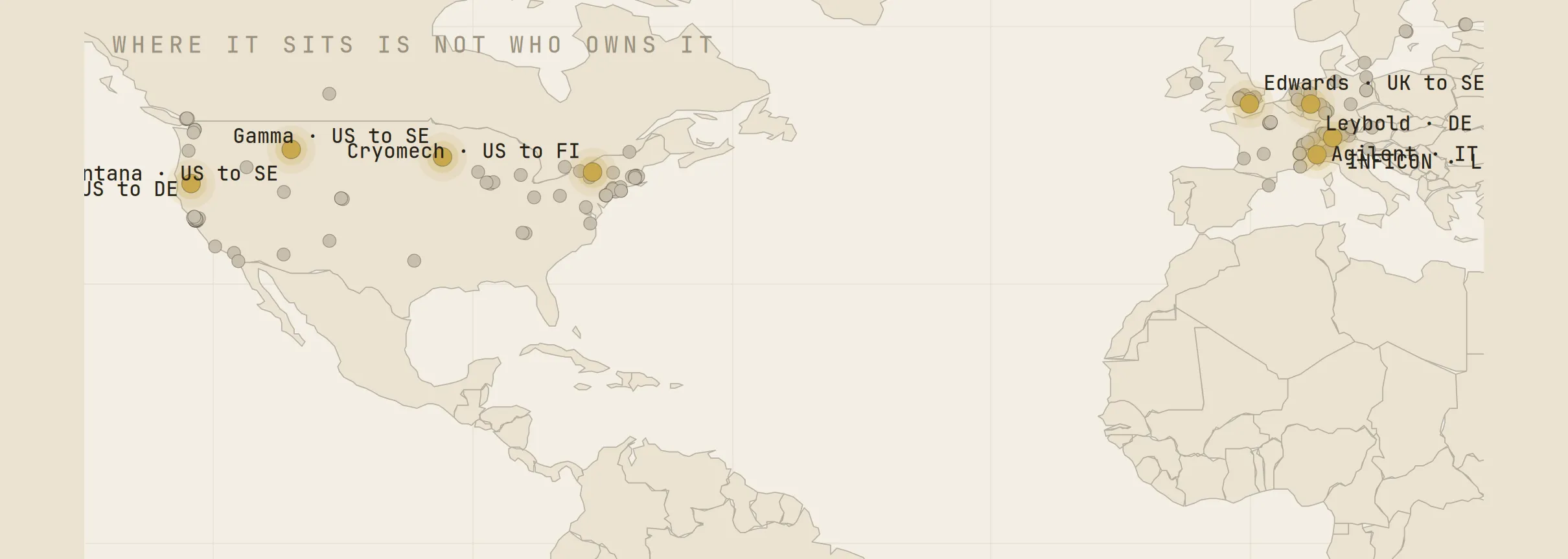 The map recolored by control rather than location, a scatter of pins across five countries all turning the same color to show they are steered from somewhere else.