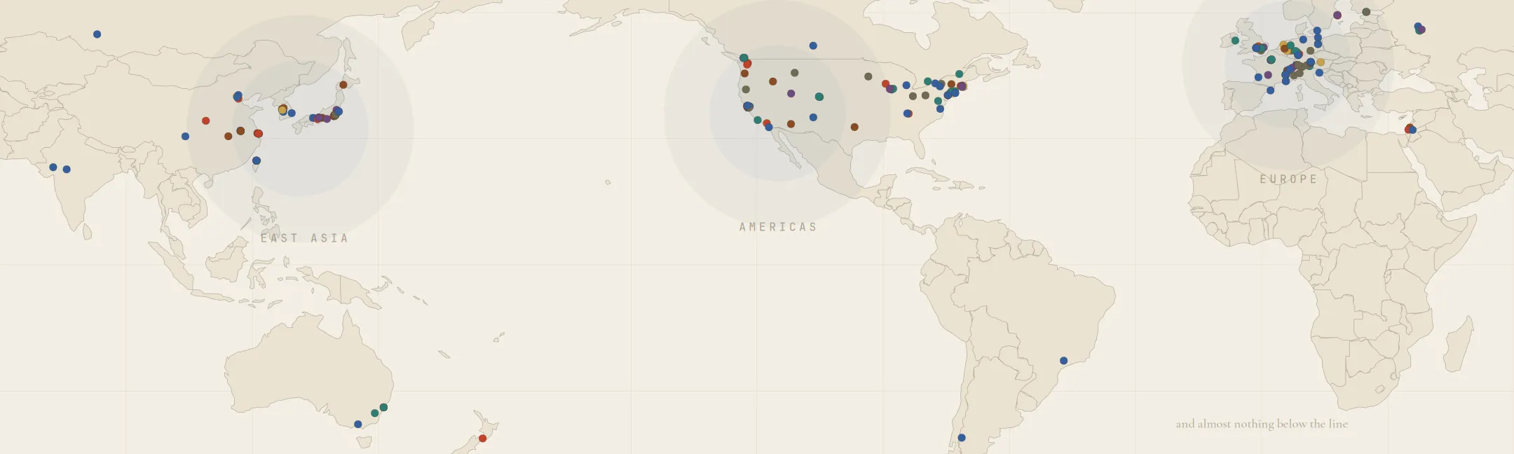 A world map of the vacuum supply chain, its pins crowding into three dense poles and leaving the southern half of the planet almost empty.