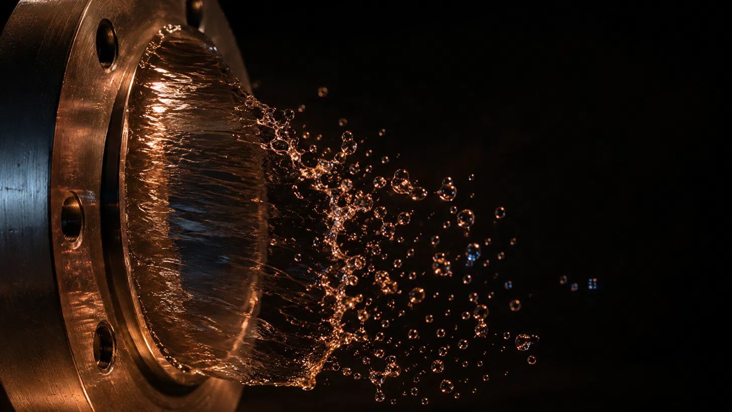 ultrapure water rinsing through a flanged port at high pressure.