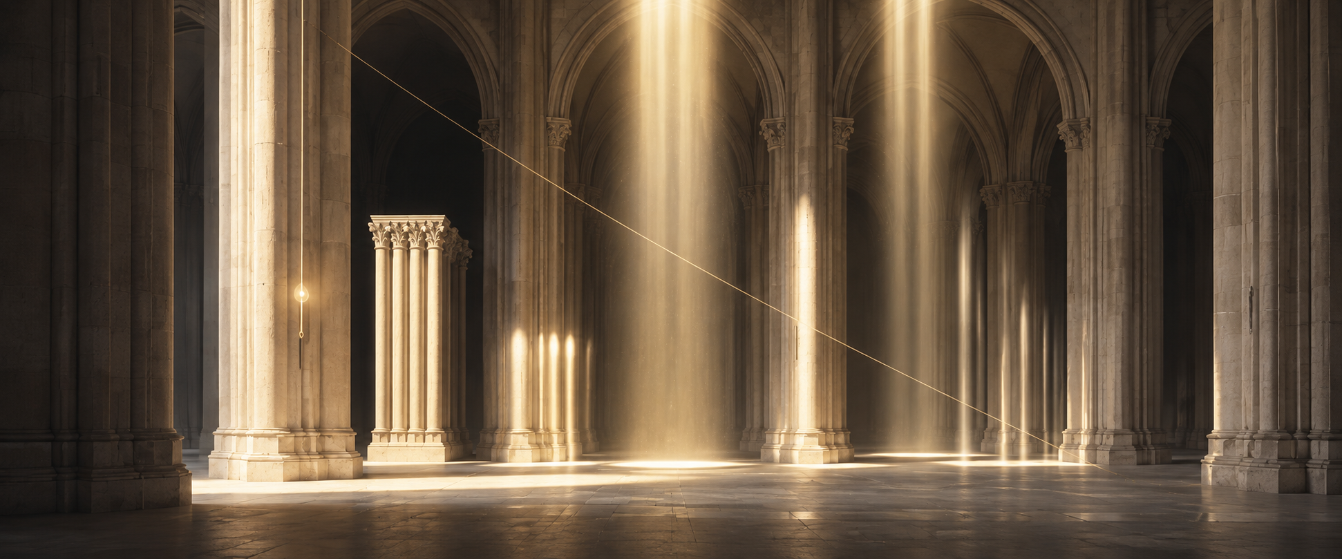 A luminous Gothic nave where shafts of golden light rise like the peaks of a mass spectrum, a single particle trajectory crossing the void.