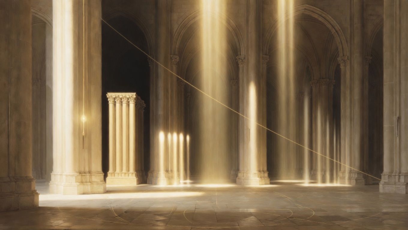A luminous Gothic nave where shafts of golden light rise like the peaks of a mass spectrum, a single particle trajectory crossing the void.