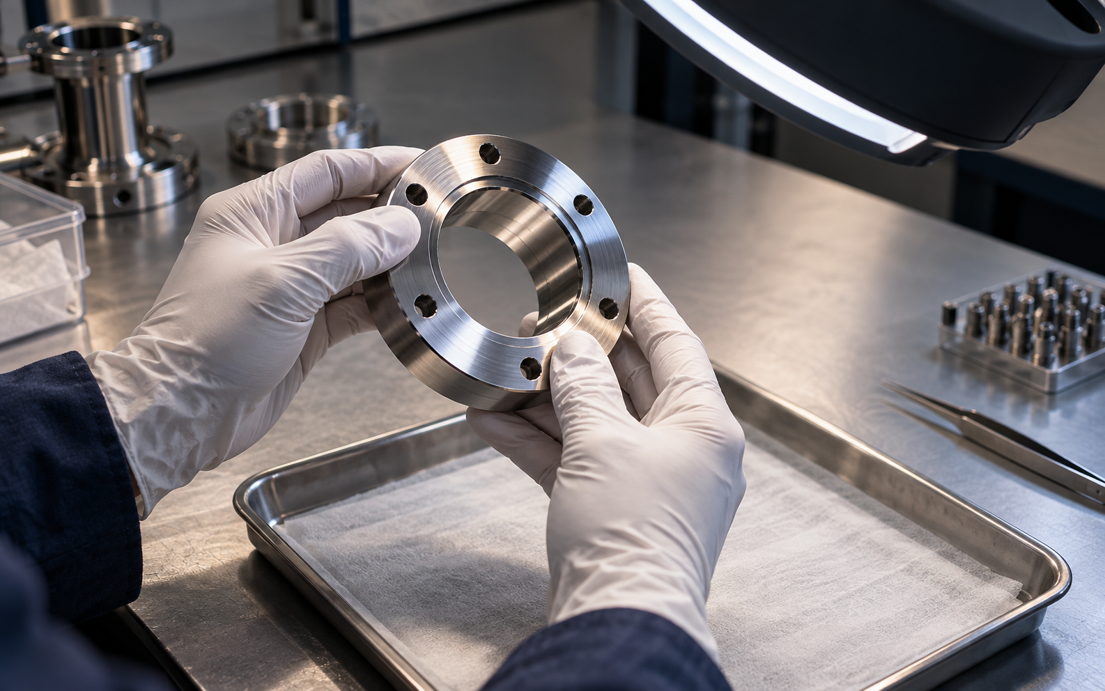 Gloved hands inspect a stainless-steel vacuum flange beneath a broad ring light.