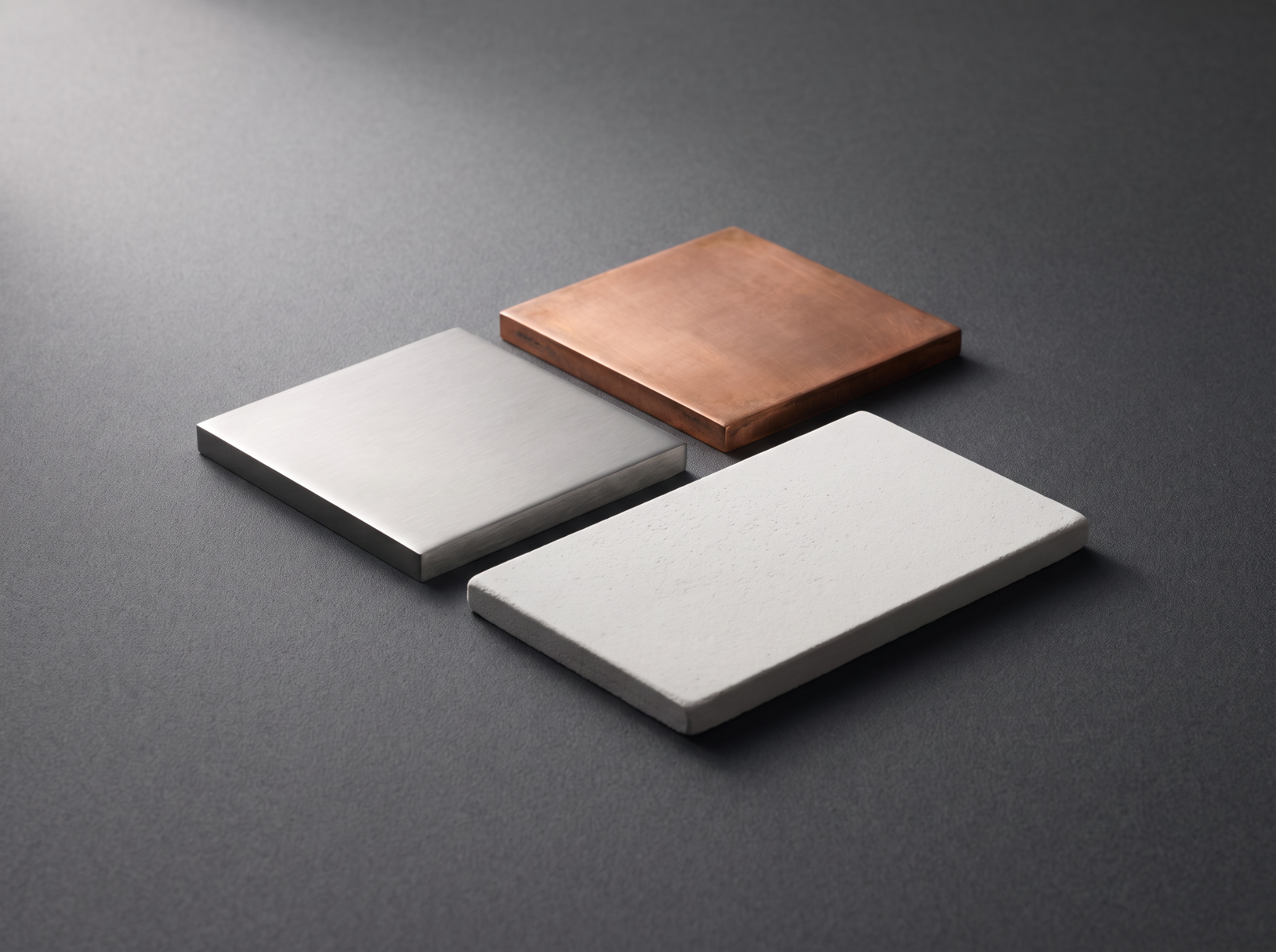 Three illustrative specimens with brushed stainless-steel, copper, and matte white ceramic surfaces.