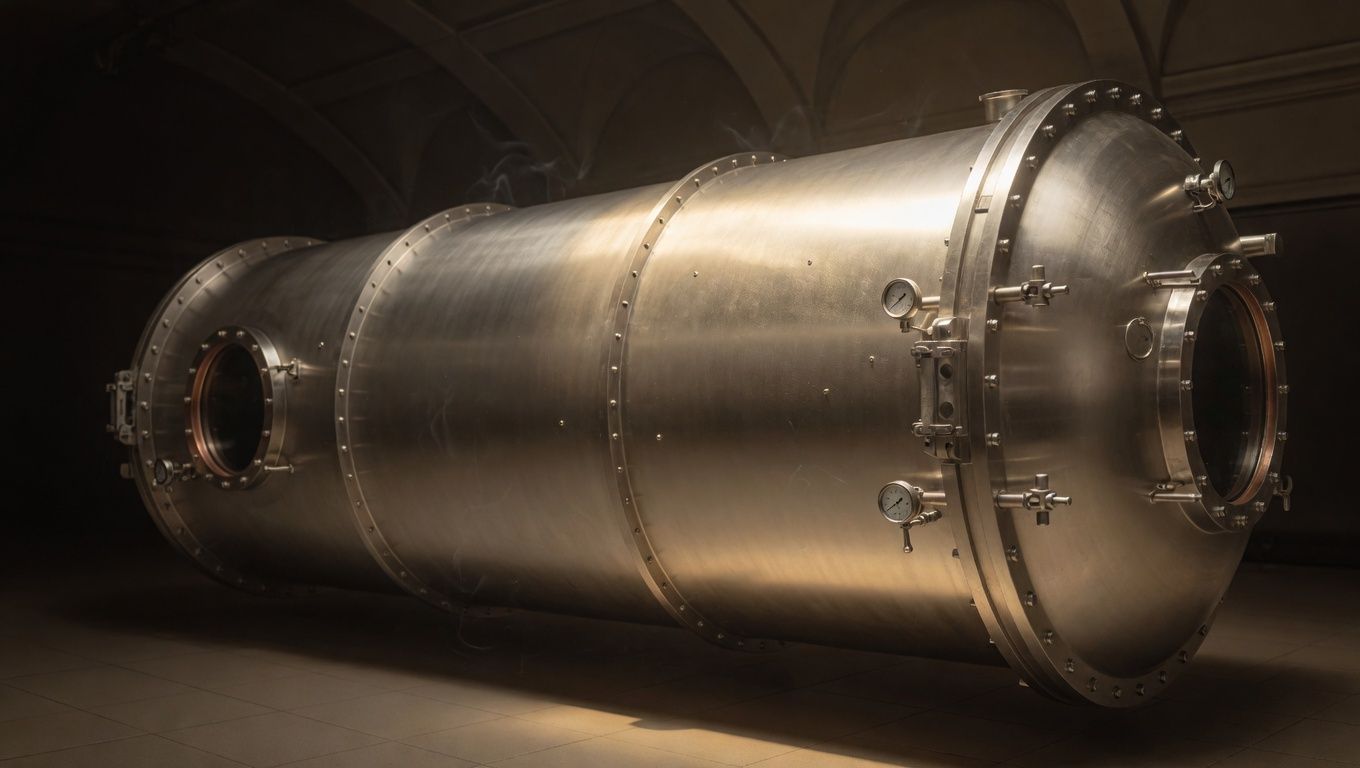 A sealed steel chamber under deep vacuum, breathing gas back from its own walls.