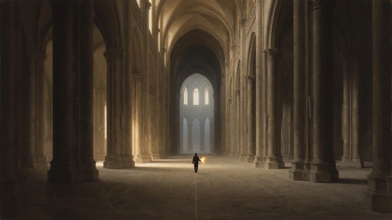 A lone figure crossing the nave of a cathedral, carrying a single point of gold light toward the far light.