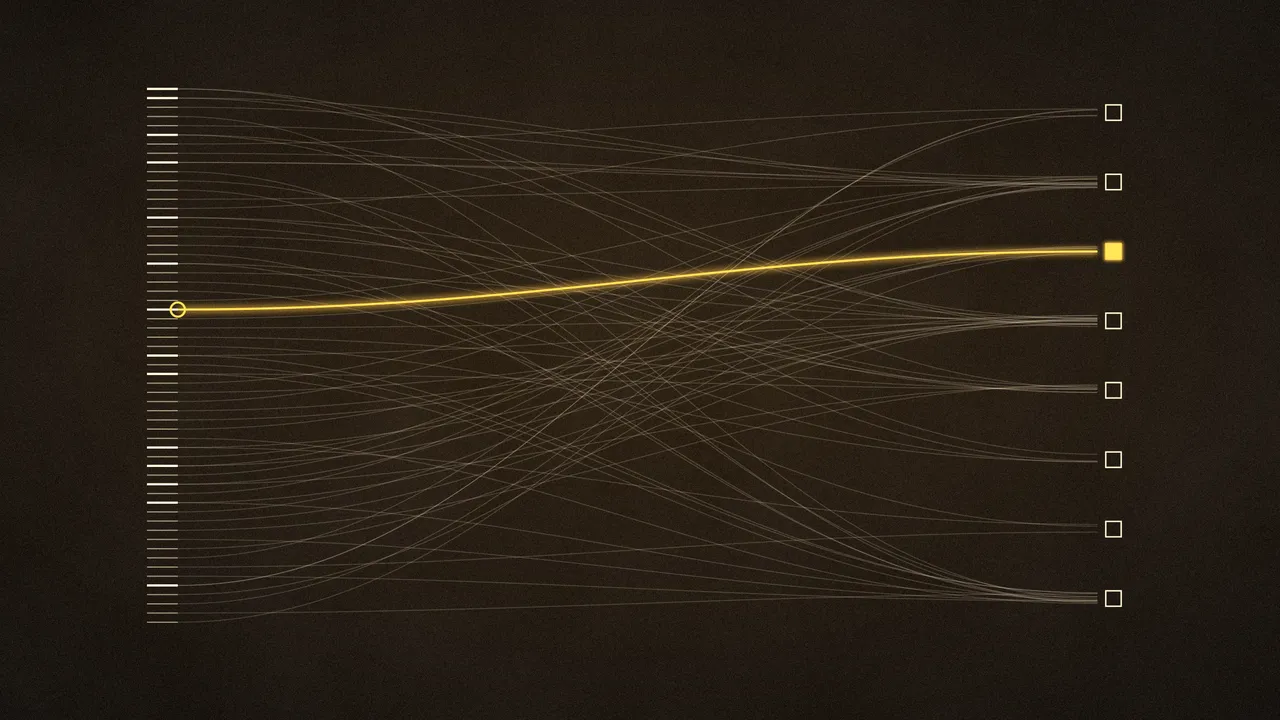 Fifty-nine supplier ticks fanning into eight system classes, one gold path glowing toward fusion.