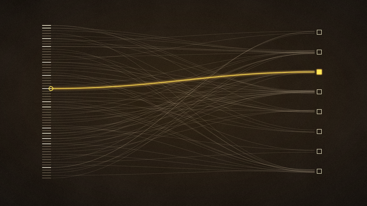 Fifty-nine supplier ticks fanning into eight system classes, one gold path glowing toward fusion.