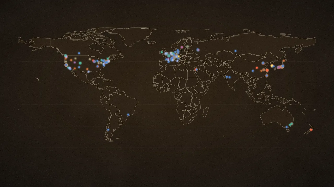 An engraved world map at night, 235 vacuum actors glowing as sector-colored points over luminous coastlines.