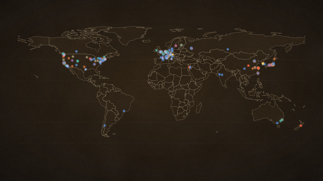 An engraved world map at night, 235 vacuum actors glowing as sector-colored points over luminous coastlines.