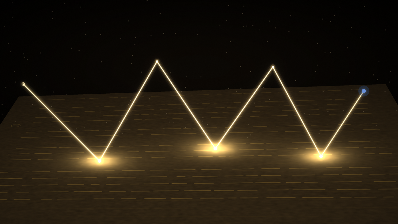 A single luminous particle trajectory crossing the dark, each collision glowing, ending on a blue point.