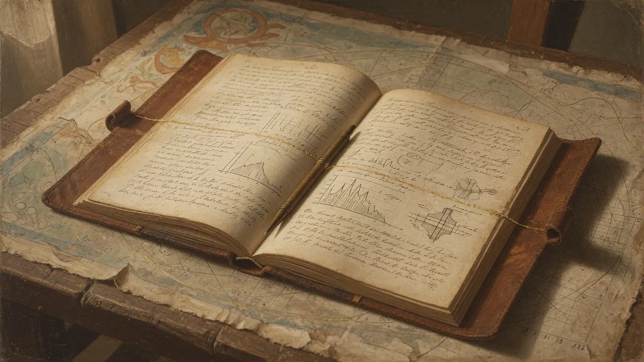 A painted plate of an open field logbook on a parchment bench, a thread of gold light crossing its pages.