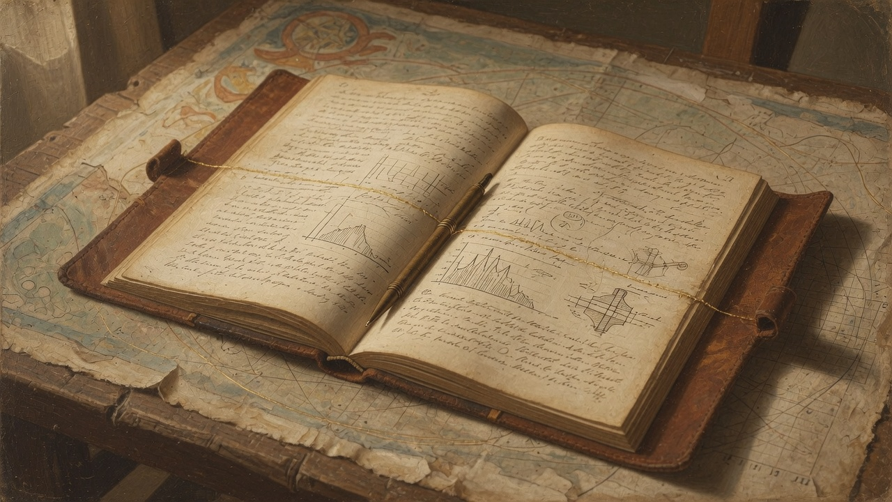 A painted plate of an open field logbook on a parchment bench, a thread of gold light crossing its pages.