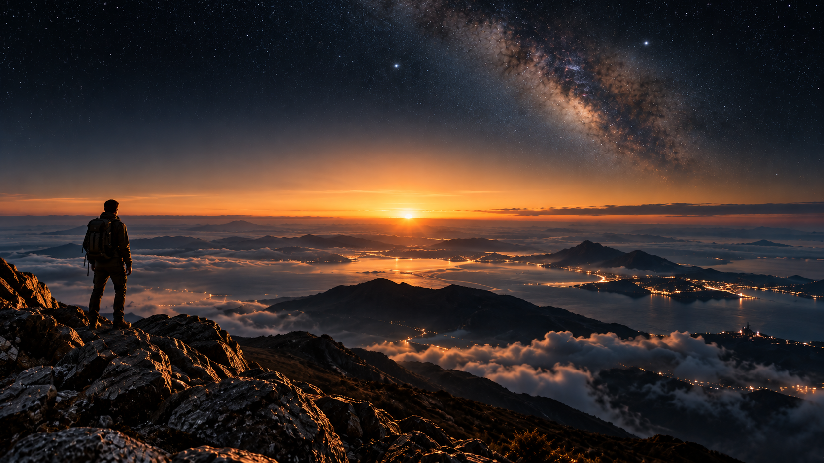 A lone figure looking across an illuminated mountain landscape beneath the Milky Way.