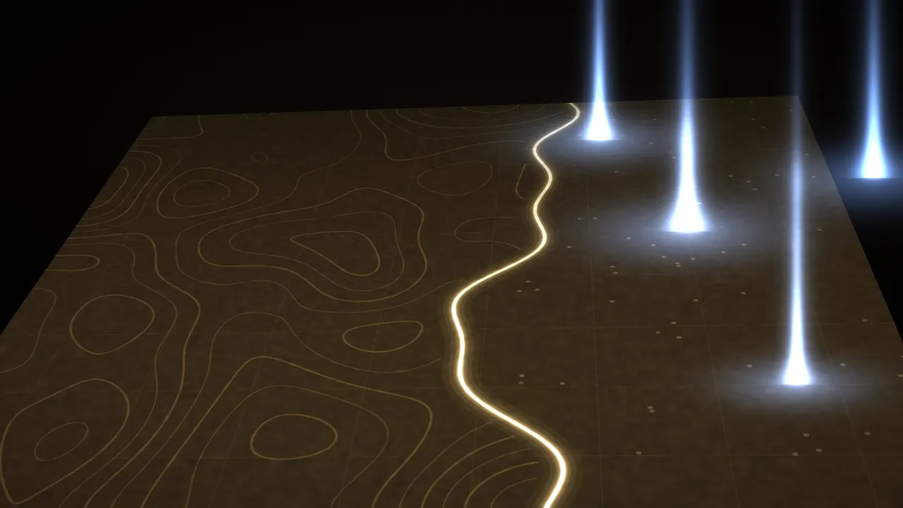 A dark engraved chart seen at an angle: a golden frontier line crossing the terrain, four columns of blue light rising from the empty territory beyond.