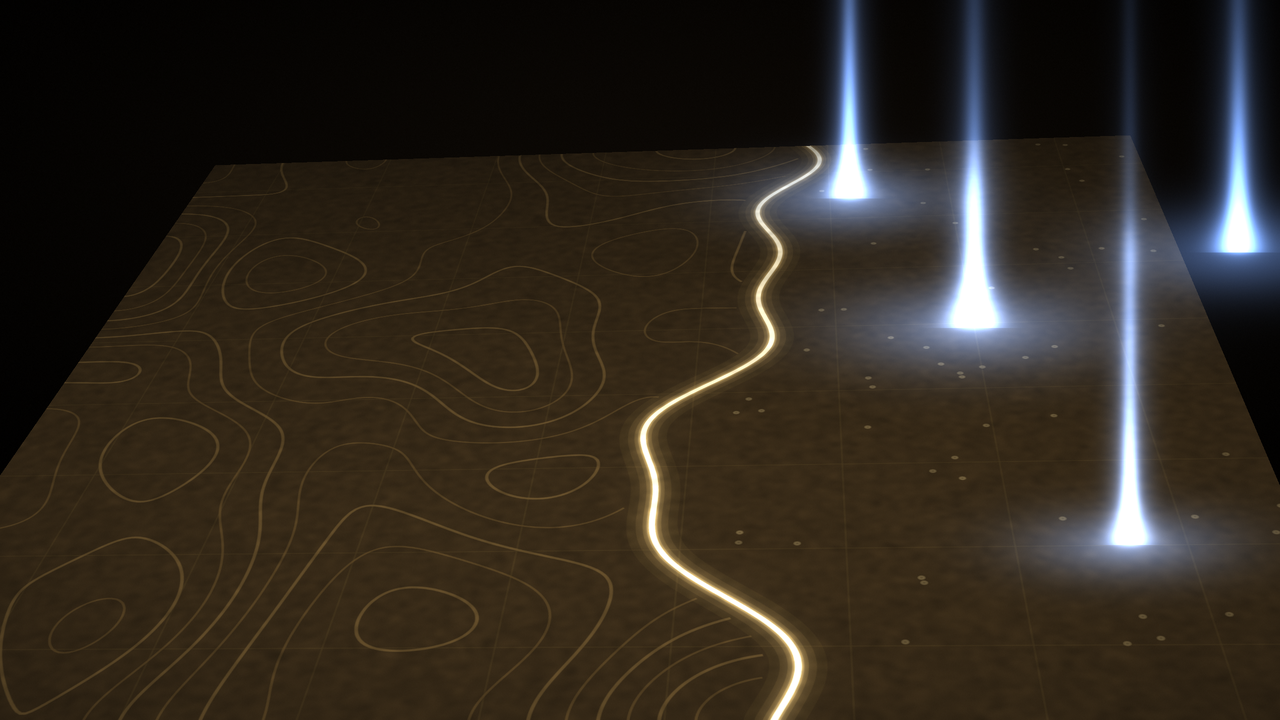 A dark engraved chart seen at an angle: a golden frontier line crossing the terrain, four columns of blue light rising from the empty territory beyond.