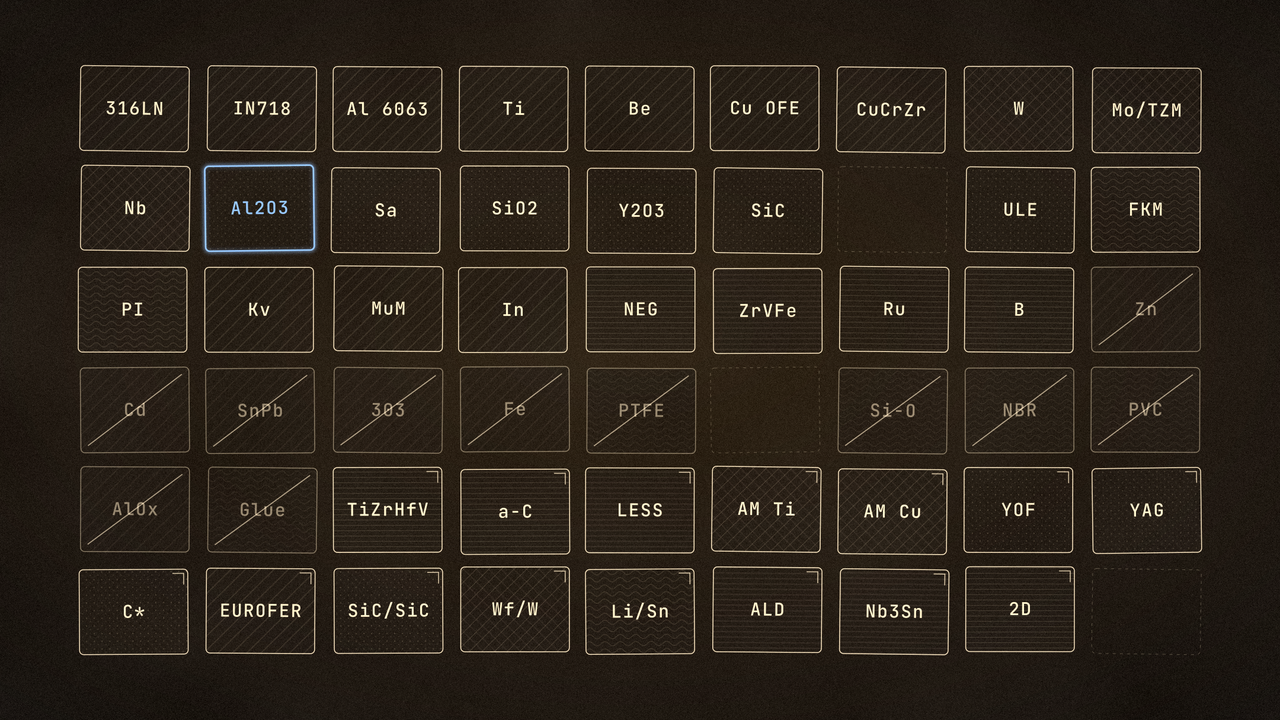 A dark specimen drawer of fifty-one engraved material coupons, one alumina tile haloed in blue, the banned ones struck through.