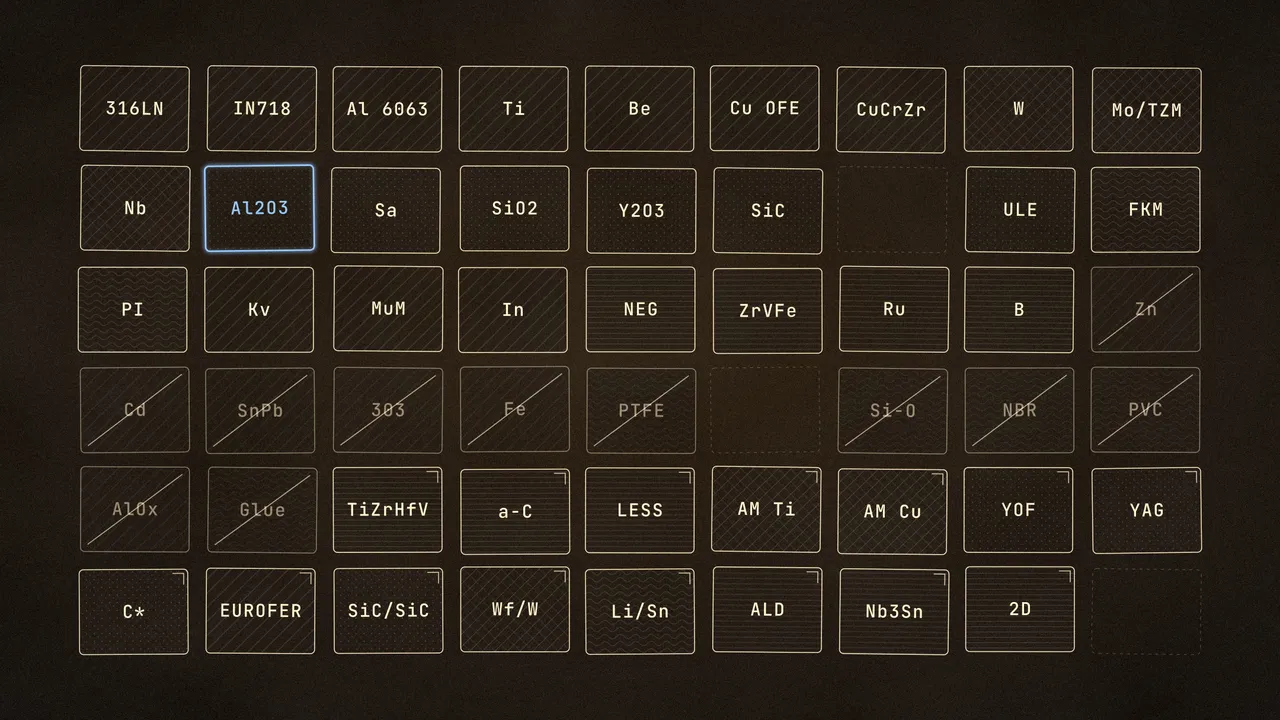A dark specimen drawer of fifty-one engraved material coupons, one alumina tile haloed in blue, the banned ones struck through.