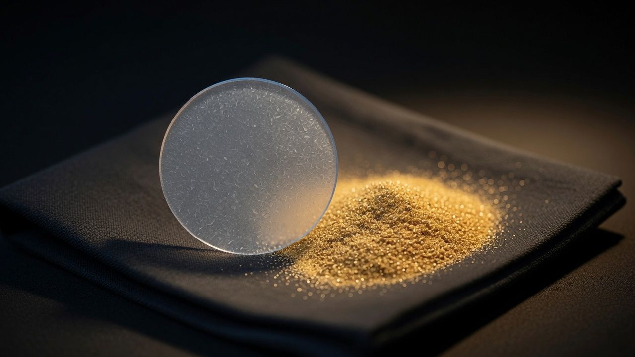 A thin polycrystalline diamond disc beside a heap of gold grains a few times its bulk.