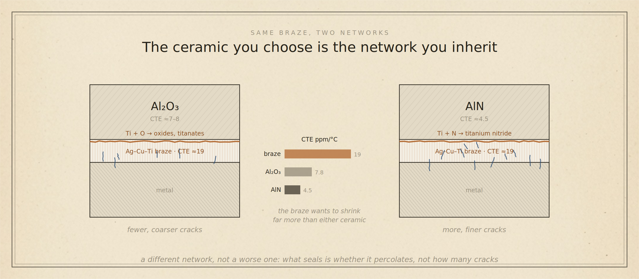 Same braze, two reaction products and two expansions, two different networks, two different seals.