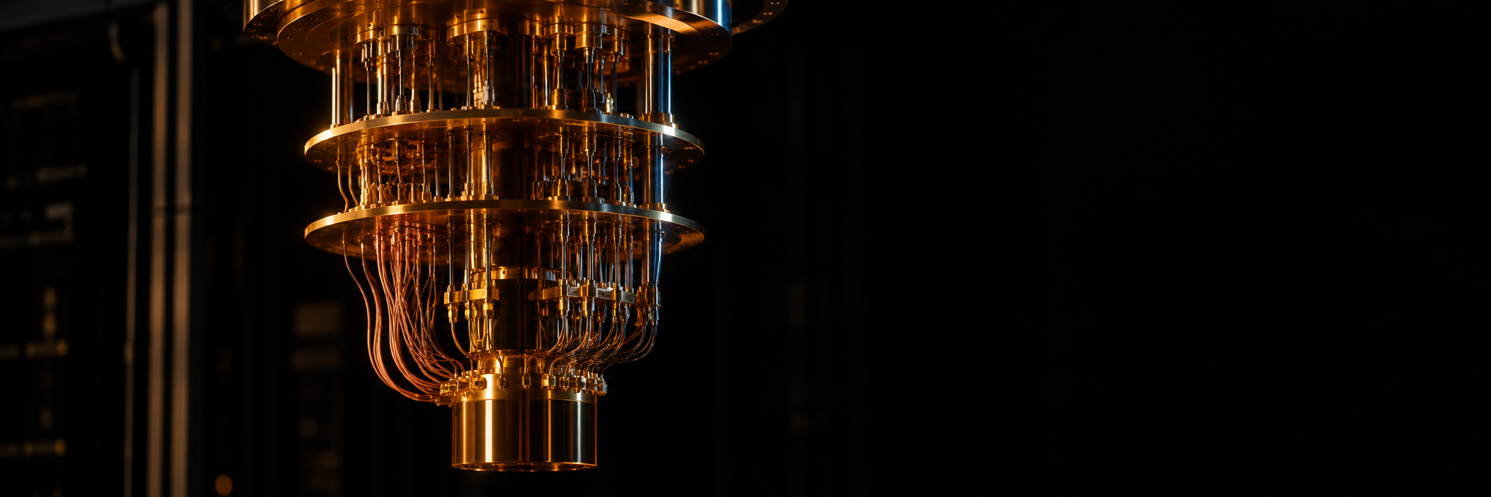 A gold-plated dilution refrigerator hanging like a chandelier against a black field: circular plates stacked by descending diameter, bundles of coaxial and copper lines falling between them to a small cylindrical stage at the bottom, the dark of the lab open to the right.