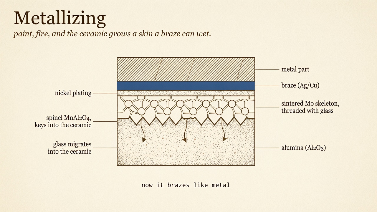 Metallizing: Mo-Mn skeleton, nickel, then braze