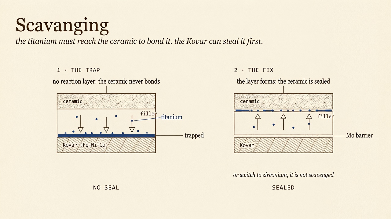 Scavenging: the Kovar steals the titanium before it can bond the ceramic; a Mo barrier or zirconium fixes it