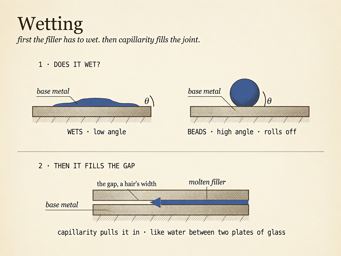 A wetting filler at a low contact angle versus a non-wetting bead, and capillary fill of a thin gap