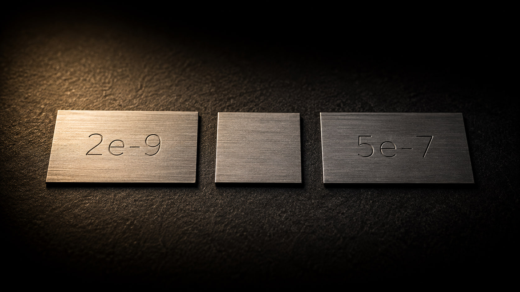 Two steel plates engraved 2e-9 and 5e-7 on either side of a blank coupon of the same metal