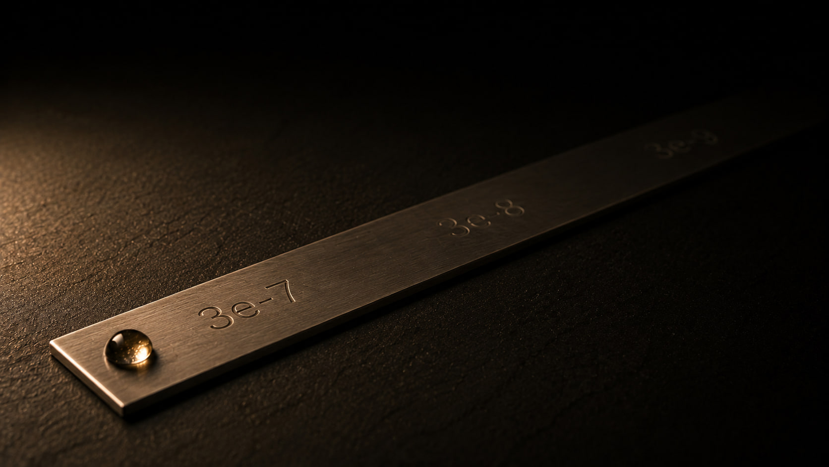 A long steel bar engraved 3e-7, 3e-8 and 3e-9 along its length, receding into the dark, with a single water droplet resting at the near end